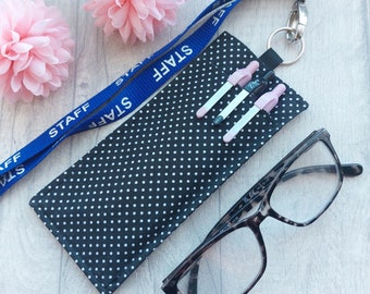 Double Sided Lanyard Glasses and Pen Holder - Handmade from Black Polka Dot Fabric - Teacher Lanyard Accessory -  Glasses Holder - Work Gift