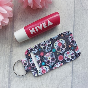 Sugar Skull Chapstick / Lip Balm Holder Keyring - Day of The Dead Skulls Faux Leather Keyring - Chapstick bag charm, Floral Skull keyring