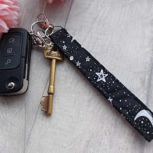 Black Star and Moon Fabric Wristlet - Wristlet key fob - Key fob keychain - Wrist lanyard - Wristlet with lobster clip - Celestial Gift