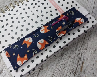 Fox Fabric Pen Holder Elasticated Bookmark - For A5 sized Notebooks, Journals and Diaries - Holds 1 or 2 pens or pencils -Cute Foxes