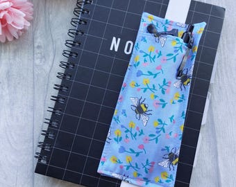 Bee Glasses Holder Bookmark - Wide Bookmark - A5 Planner or Notebook Accessory - Elasticated - Blue Background