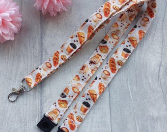 Coffee and Pastries Fabric Lanyard - Handmade - Breakaway clasp - Coffee gift