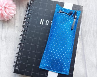 Blue Polka Dot Glasses Holder Bookmark - Wide Bookmark - A5 Planner or Notebook Accessory - Elasticated