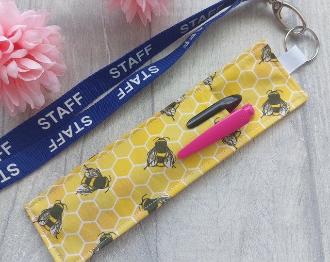 Fabric Pen Holder for Lanyards Holds 1 or 2 Pens or Pencils Handmade From Bee Yellow