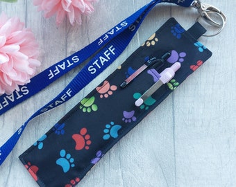 Fabric Pen Holder for lanyards - Holds 1 or 2 pens or pencils - Handmade from Colourful Paw Print Fabric - Dog or Cat Teacher Lanyard