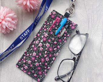 Purple Floral Fabric Double Sided Glasses & Pen Holder for Lanyard - Teacher Accessory