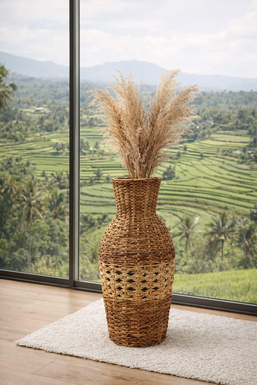 Vase Design Rotin Corono - 55cm - Noir Et Naturel - Paris Prix - Neuf