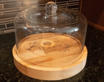 Cake Stand Dome and Butcher Block Cutting Board Personalized. Stunning cheese display or Cake display for parties and events. Birthday gift.