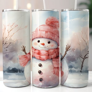 Pink Snowman Christmas Tumbler Wrap 20 oz Png, Snowman Tumbler Sublimation Designs Straight and Tapered, Christmas Skinny Tumbler Wrap PNG