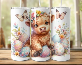 Easter Highland Cow Tumbler Wrap: naadloze 20 oz magere beker (digitale png-download)