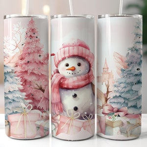 Pink Snowman Christmas Tumbler Wrap 20 oz Png, Snowman Tumbler Sublimation Designs Straight and Tapered, Christmas Skinny Tumbler Wrap PNG
