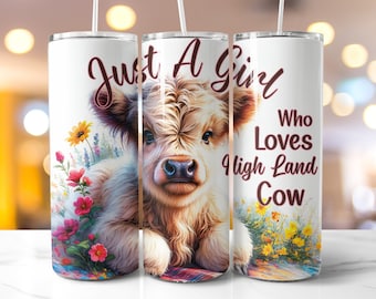 Highland Cow Tumbler Wrap: Floral 20 oz Skinny Tumbler (PNG Digital Download)