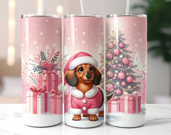 Embalagem para copo de 20 oz com estampa de cachorro-quente de Natal rosa (download digital em PNG)