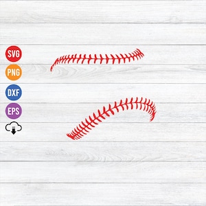 May include: Two red baseball stitch designs on a white wood background.