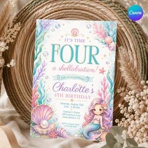 May include: A rectangular birthday invitation card featuring a watercolor mermaid illustration, coral, seashells, and bubbles. The text reads: IT'S TIME FOUR a shellabration! Join us to celebrate Charlotte's 4TH BIRTHDAY, Saturday, August 15th, 2:30 - 5:30 PM, Charlotte's House, 428 Seabreeze Lane, Santa Barbara, CA, RSVP to Sophia Carter 385-218-4096.