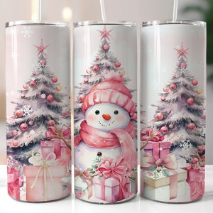 Pink Snowman Christmas Tumbler Wrap 20 oz Png, Snowman Tumbler Sublimation Designs Straight and Tapered, Christmas Skinny Tumbler Wrap PNG