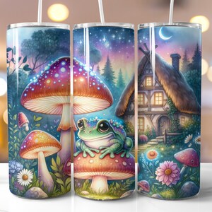 Neon Mushroom Frog Tumbler Wrap: Cottagecore Seamless Design (PNG)