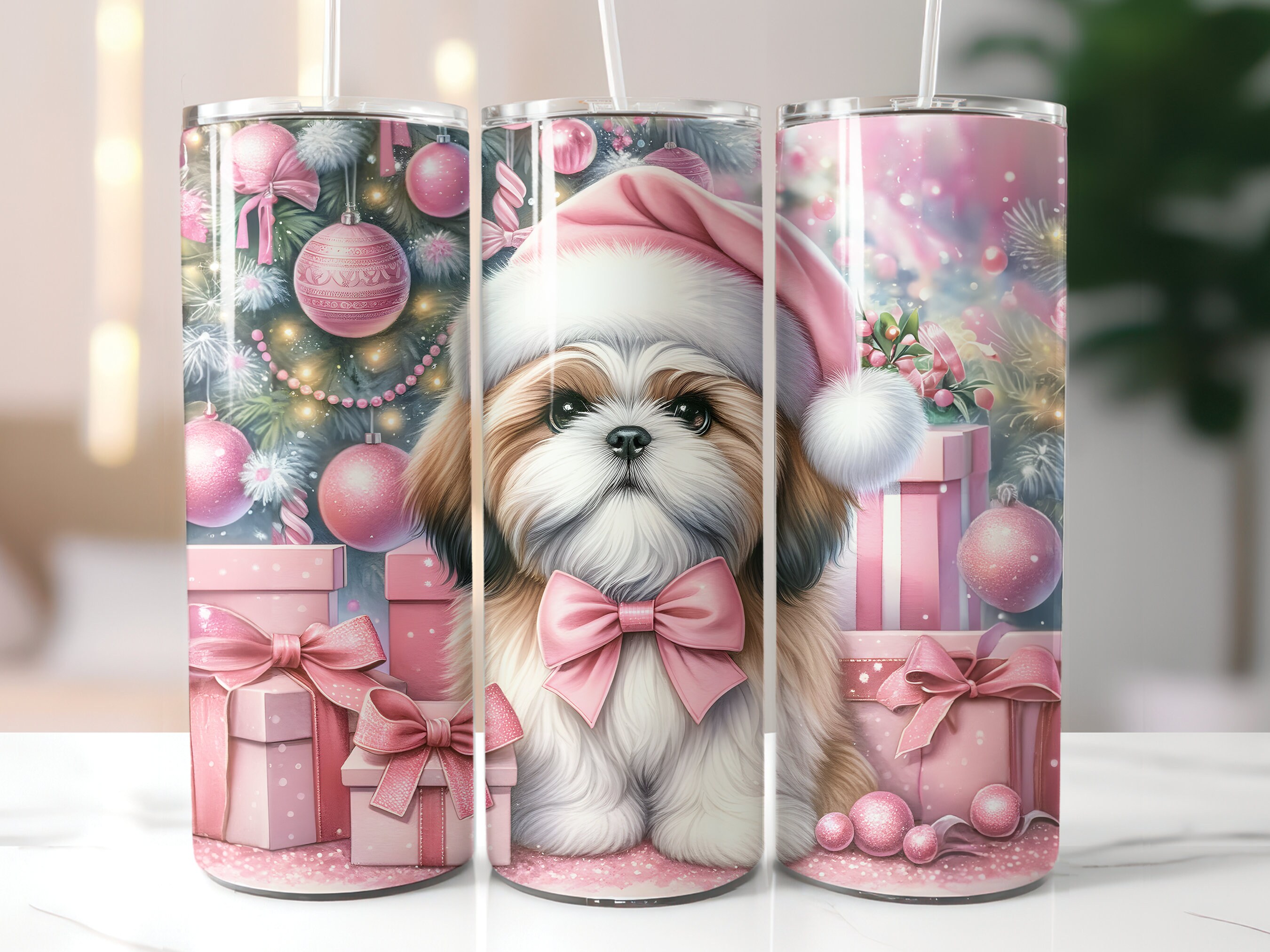 Embalagem para copo de 20 oz para Shih Tzu de Natal rosa: design festivo de sublimação (PNG)
