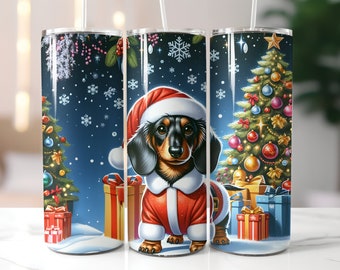Embalagem para copo de 20 oz com estampa de Dachshund de Natal: PNG festivo sem emendas (download digital)