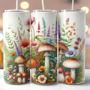 Watercolor Wildflower and Mushroom Tumbler Wrap 20 oz Png, Mushroom Tumbler, Seamless Straight, Sublimation Skinny Cottagecore Tumbler Wrap