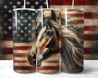 Envoltório para copo de cavalo Mustang americano: design de bandeira patriótica (download digital em PNG)