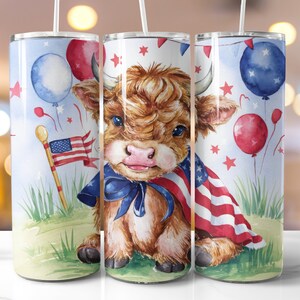 Patriotic Highland Cow Tumbler Wrap 20 oz Png, Highland Cow Tumbler Seamless Straight, American Flag 4th Of July Skinny Tumbler Wrap PNG
