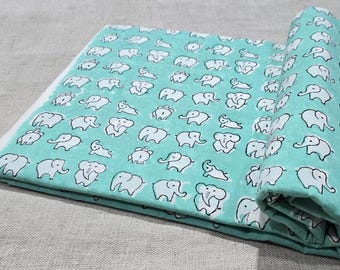 Indian Block Print Elephant Fabric by the Meter, Aqua Blue Cotton with White Animal Pattern, Bohemian Style fabric for Curtains,Pillow cover