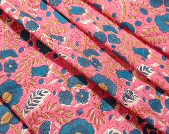 Rosa und Blau Handblockdruck Baumwollstoff, indischer Blumenstoff Schüttgut, Sommerkleid Material, Boho Nähen Stoff Handwerk, Kaftan