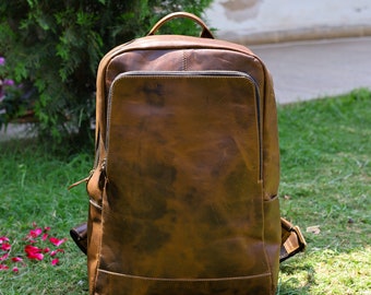 Vintage Brown Leather Backpack Rucksack | Personalized Leather Backpack | Weather-Resistant Hiking, Unisex Backpack | 10.5LX5.5WX18H Inch