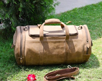Personalized Leather Travel Duffel Bag | Genuine Leather Weekend Carry on Overnight Bag | for Men Women