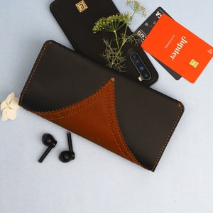 Gepersonaliseerde leren portemonnee-organizer met 9 kaartsleuven, 4 grote vakken en 1 gleuf met ritssluiting -Clutch- custom kerstcadeau, 19,5 l x 10 b x 1,5 h cm