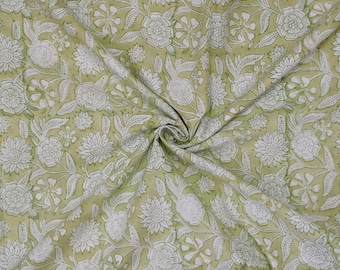 Handblockdruck-Baumwollstoff, indischer Blumendruck, weich und 100% Baumwolle, grüner, weißer Stoff für Sofa / Stuhlabdeckung, Vorhänge