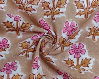 Indian Cotton Block Print Fabric-Pink Floral Print by the Yard, Lightweight Summer Sewing Material, 100% Pure Cotton for Quilting, Crafting