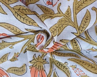Hand Block Print Fabric, Floral Cotton, Indian, Sewing Material, Dressmaking Material