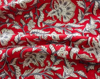 Red & Beige Floral Hand Block Print | Indian Hand Stamped Cotton Fabric | Modern Minimalist Textile for Men’s Shirts, Dresses and Home Decor