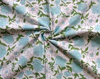 Indian Hand Block Print Cotton Fabric by the Yard | Soft Jaipuri Floral Sewing Material | Handmade Indian Cotton for Dressmaking & Crafts
