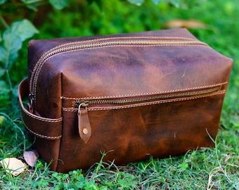 Handmade Genuine Leather Clutch for Men | Personalized Cosmetic Bag | Travel Makeup Bag for men women | Christmas Gifts 9.5LX5WX5.5H Inch