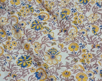 Hand Block Print Baumwollstoff Floral Gelb Blau Print, Handgefertigtes Indisches Lauf Baumwollmaterial zum Nähen von Sommerkleid, Quilten, Kaftan