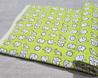 Light Parrot Green Elephant Print Fabric | Hand Block Printed Indian Soft Cotton Fabric | Pure cotton Fabric for Sewing, Quilting,Home decor