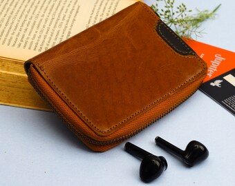 Monedero de cuero para mujer, cartera personalizada con cremallera pequeña y 5 ranuras para tarjetas, regalo para esposa, regalo para madre, 12 largo x 8,5 ancho x 1,5 alto cm