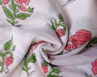 Hand Block Print Fabric, Floral Cotton, Indian, Sewing Material, Dress
