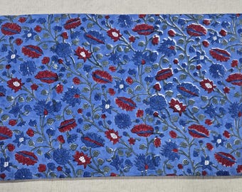 Indischer Handblockdruck-Baumwollstoff, blaues und rotes Jaipuri-Design, natürlich handgefärbt, Stoff für Kinderkleidung, Kleider