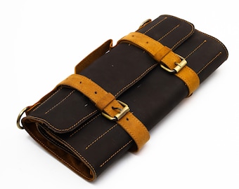 Handmade Leather Tool Bag Roll | Best for Gifts for Men, Leather Tool Bag Organizer, Tool Cover Case, Personalized Gift 12LX5.5WX2.5H Inch