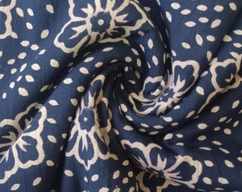Indigo Floral Block Print Fabric - Indian Cotton Fabric, Sewing Material