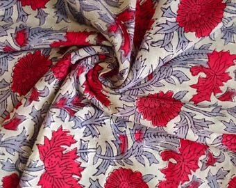 Block Print Cotton by the Yard - Indian Floral Print, Soft Voile Fabric, Handmade Textile for Quilting, Summer Curtains, Apparel, Pillows