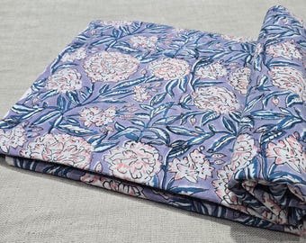 Pink Floral on Lavender Cotton Hand Block Print Fabric | Indian Printed Fabric | 100% pure cotton fabric for Home Decor, Quilting, Crafting