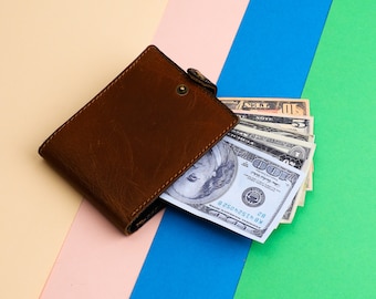 Customized Minimalist Men's Leather Card Holder Wallet - Small 6 Card Slot 1 Currency Slot - Gift for Boyfriend Husband Dad 11.5Lx9Wx1.5H cm
