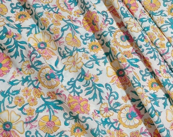 Bunter Blumen-Handblockdruck-Stoff Indischer Baumwolle Cambric 60x60 Textil Meterware für Sommerkleid Machen Quilten Nähen Basteln Sarong