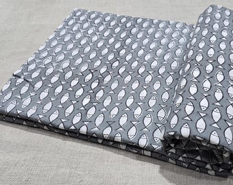 Nautical Fish Hand Block Print Fabric, Coastal Soft Cotton Fabric, Indian Hand Stamped Fabric, Grey and White Fish Print Fabric, By the Yard