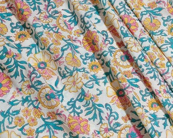 Hand Block Print Baumwollstoff Floral Gelb Blau Print, Handgefertigtes Indisches Lauf Baumwollmaterial zum Nähen von Sommerkleid, Quilten, Kaftan
